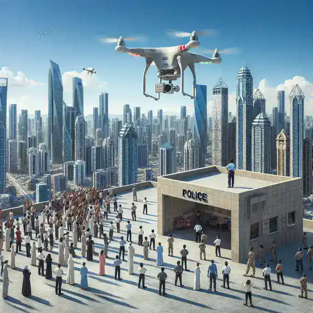 "City police using drone-mounted loudspeakers to broadcast emergency evacuation alerts during a public safety drill"