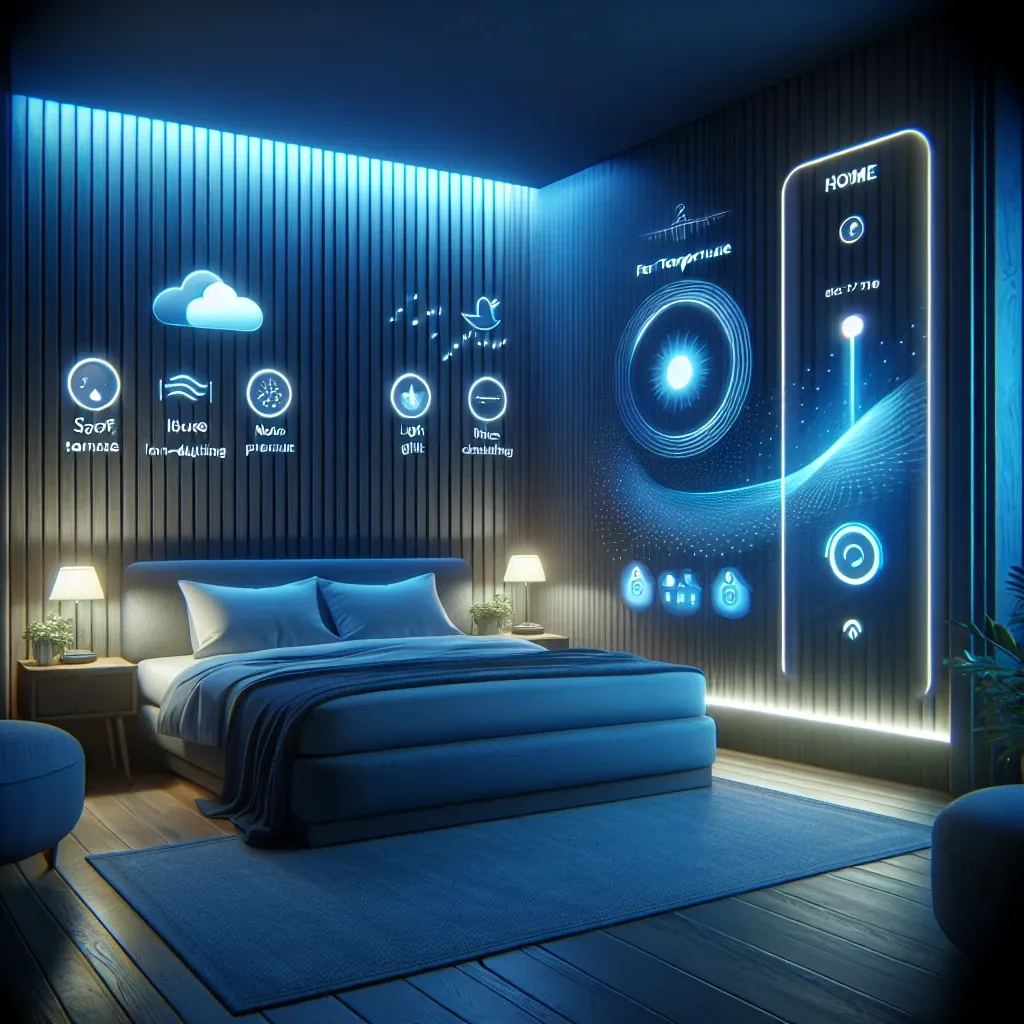 "Cozy bedroom setup illustrating optimal sleep environment with adjustable room temperature, soft lighting, and soundproofing elements for enhanced sleep quality."