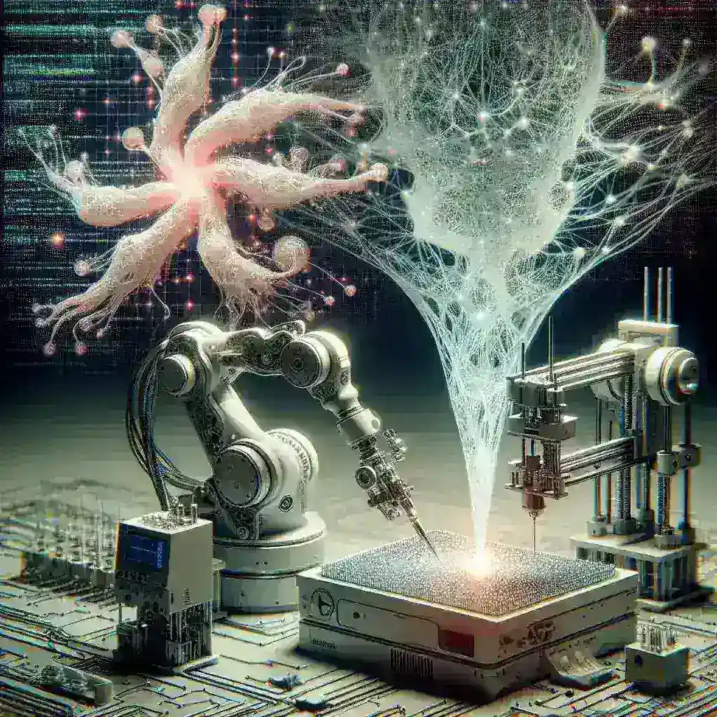 "Close-up of AI-driven synthetic tissue scaffolds created by robotic bioprinters, showcasing intricate designs and structures for biomedical applications."
