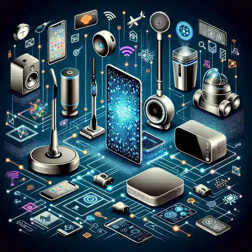 "Cutting-edge consumer electronics showcasing innovative AI integration, featuring smart home devices and advanced wearable technology for enhanced user experience."